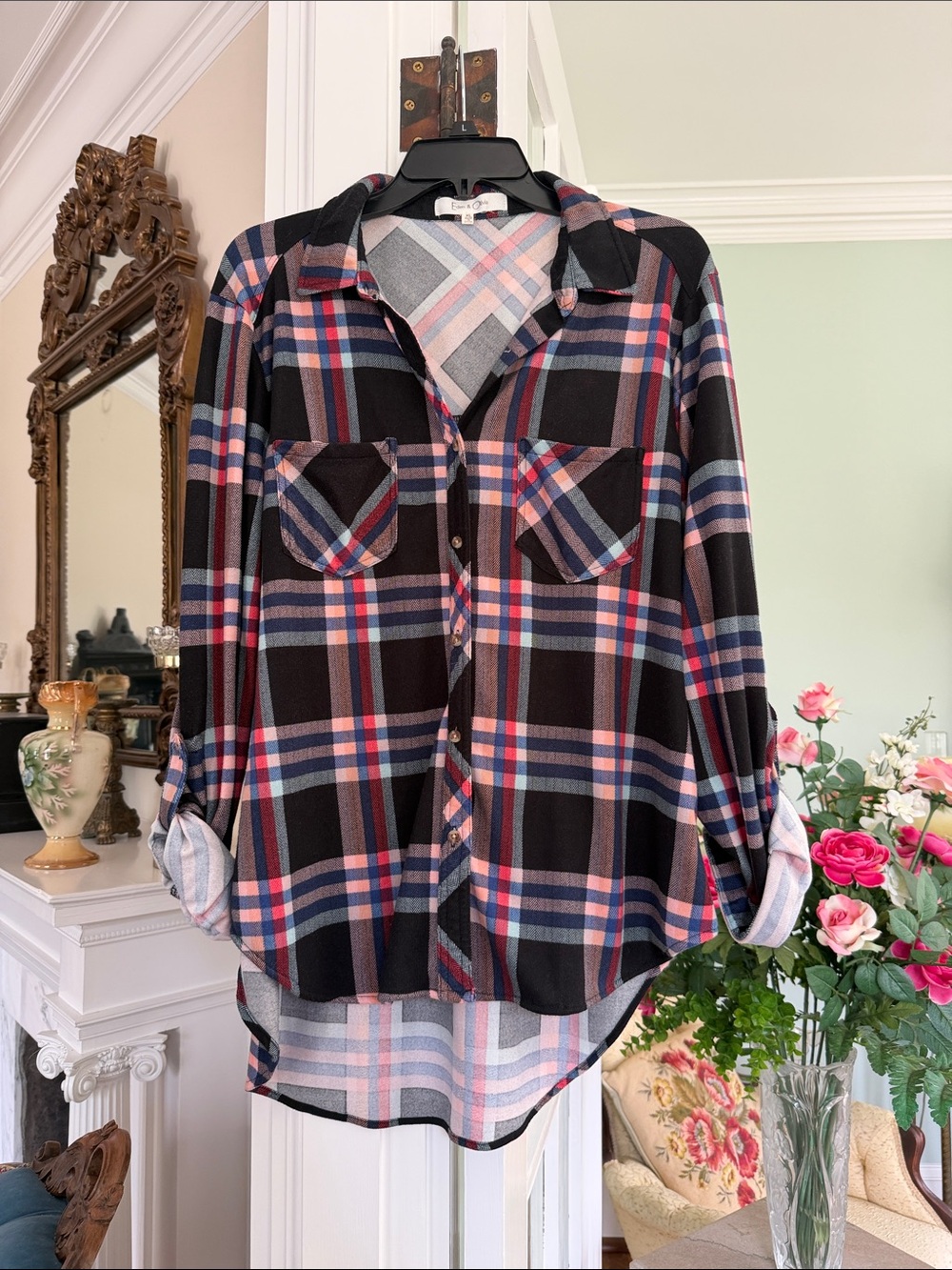 Black & Pink Plaid Button-Up Shirt, size XL